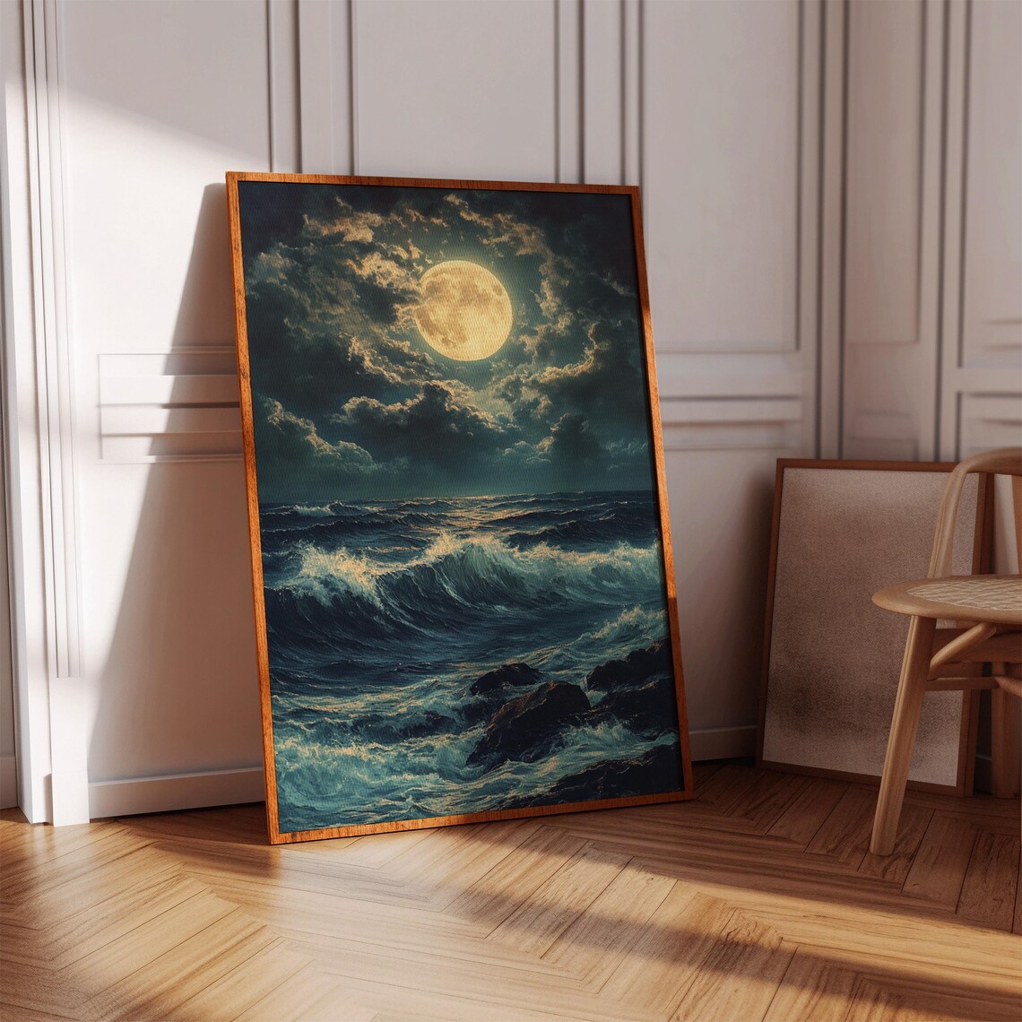 Full Moon Over Ocean Waves, Moody Seascape Art Print - Image 2