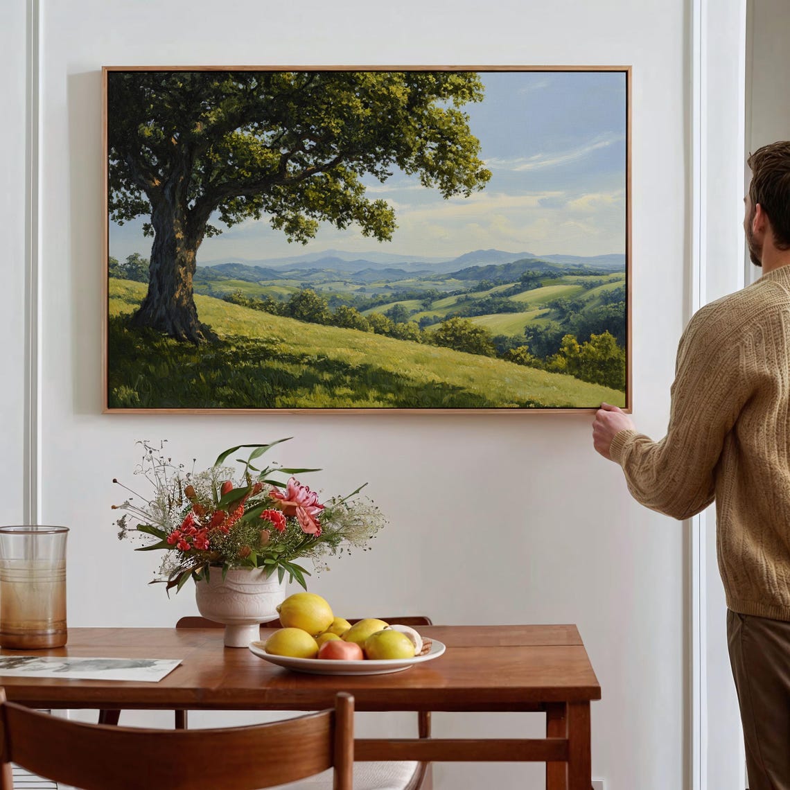 Serene Countryside Landscape Painting Rolling Hills Majestic Oak Tree Tranquil Nature Wall Art For Rustic Home Decor - Image 4