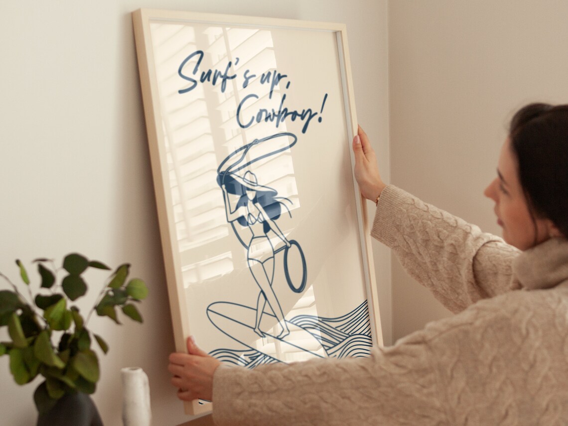 Surfs Up Cowboy Surfing Cowgirl Lasso Line Art Coastal Fun Poster - Image 3