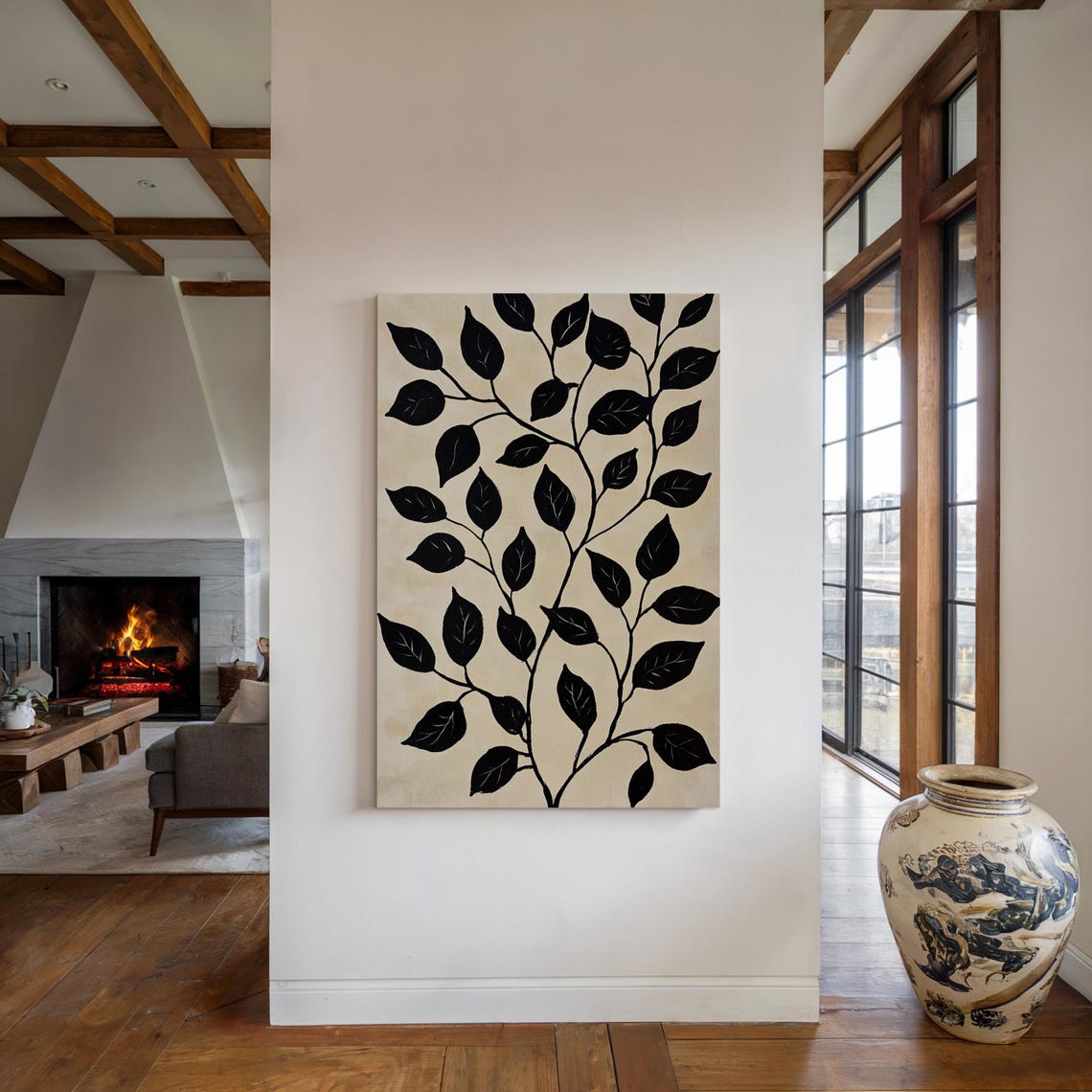 Minimalist Black Leaf Branch Artwork With Bold Contrast And Elegant Lines On A Neutral Textured Background For Modern Interiors - Image 4