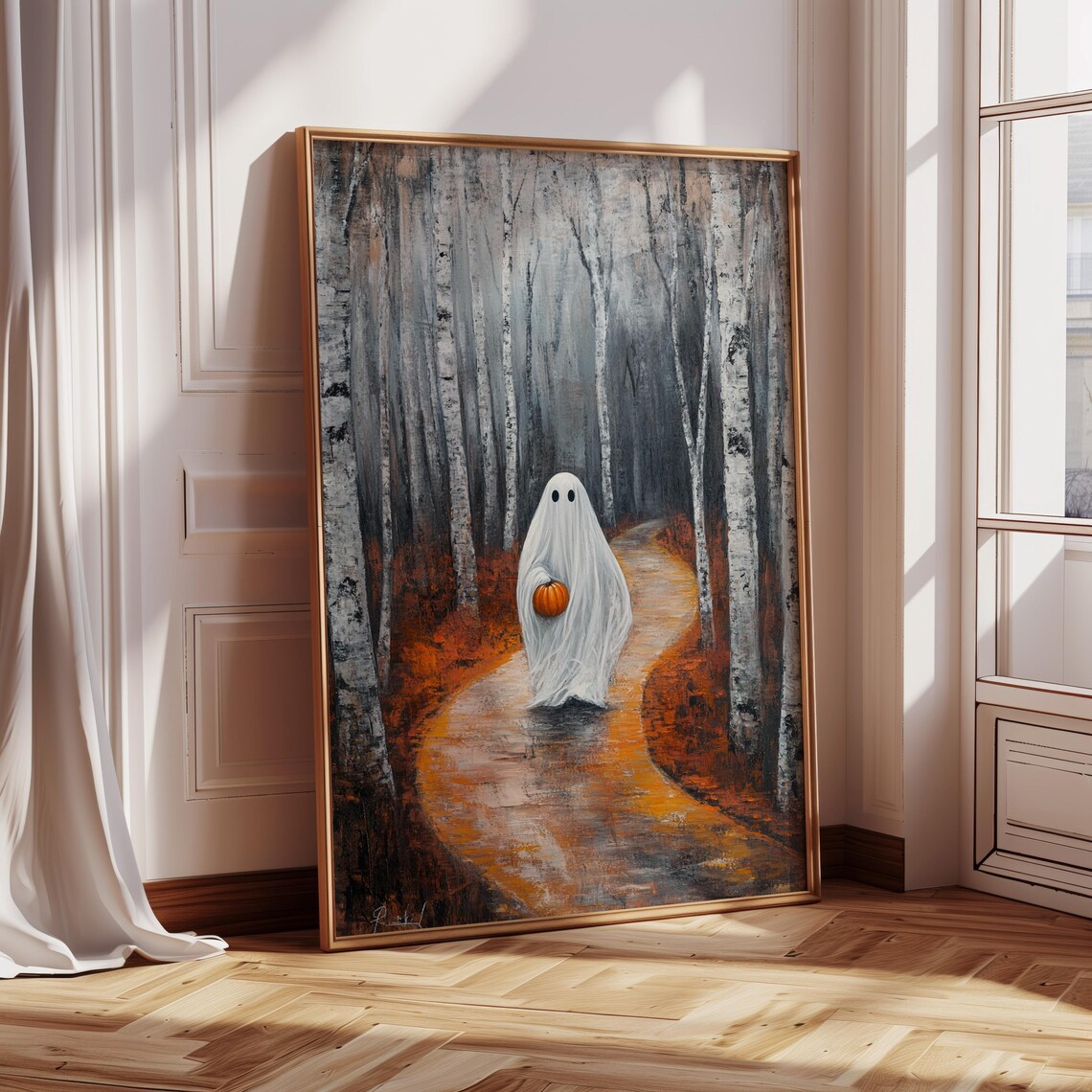 Ghost With Pumpkin, Birch Forest Autumn Halloween Print - Image 3