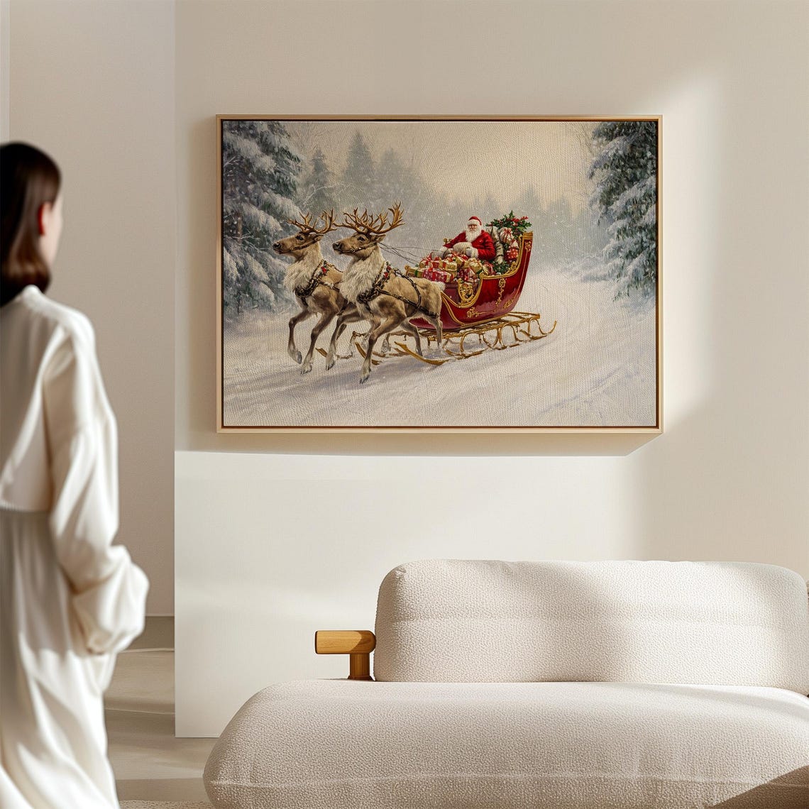 Santa Sleigh Ride Christmas Art Print Festive Holiday Decor Classic Santa And Reindeer Scene Vintage Winter Wonderland Painting - Image 2