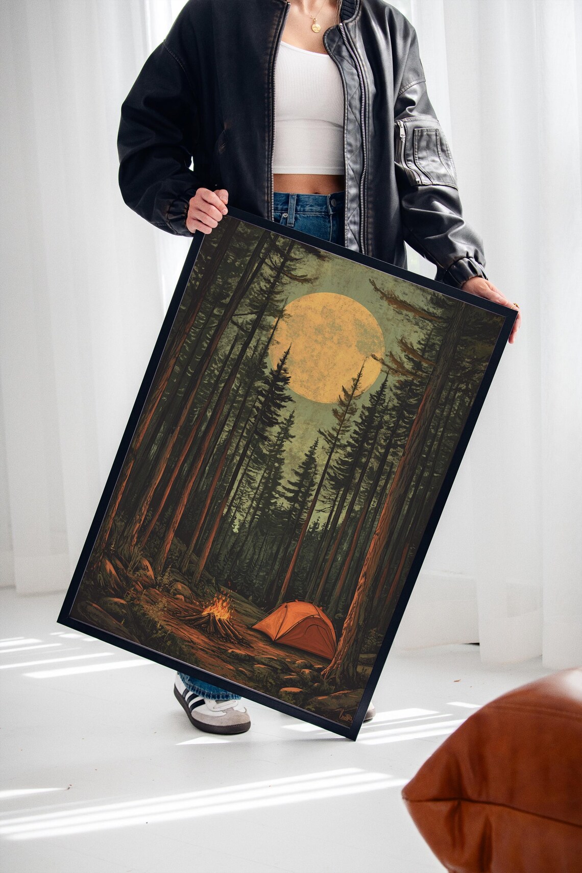 Full Moon Camping, Rustic Night Forest Adventure Art - Image 4