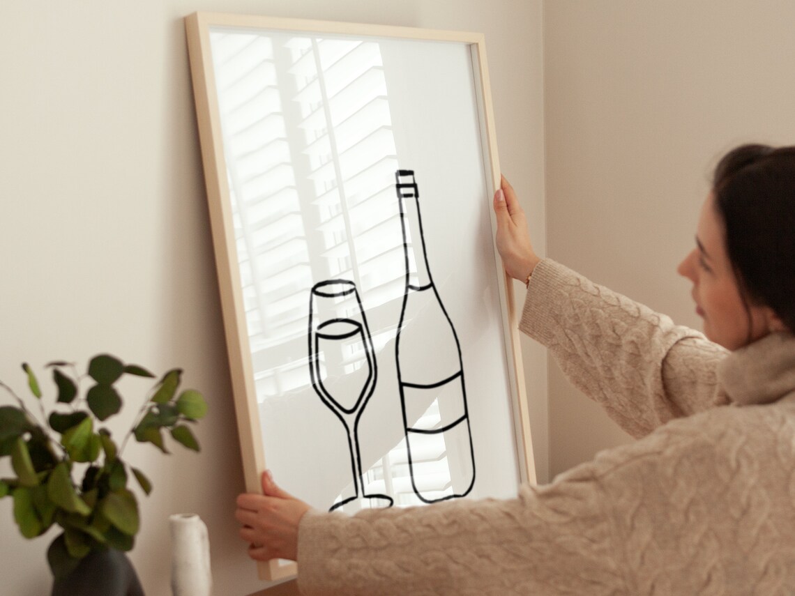 Wine Glass And Bottle Minimalist Line Drawing Modern Kitchen Wall Poster - Image 4