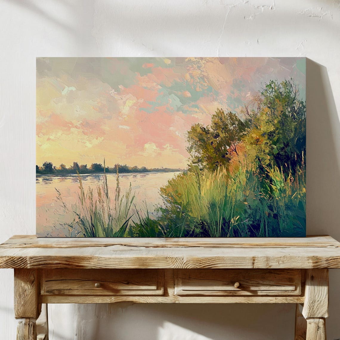Impressionist River Sunset Painting Tranquil Landscape Wall Art Print With Pastel Skies And Lush Greenery - Image 2