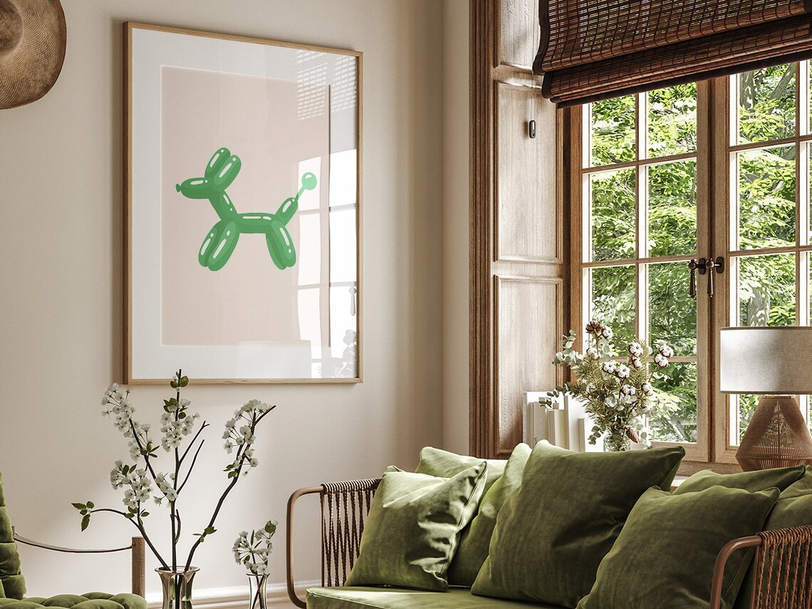 Green Balloon Dog Minimalist Playful Boho Kids Party Room Poster - Image 2