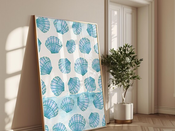 Watercolor Seashell Pattern Art Coastal Shell Decor For Beach House Nautical Art For Ocean Themed Interiors