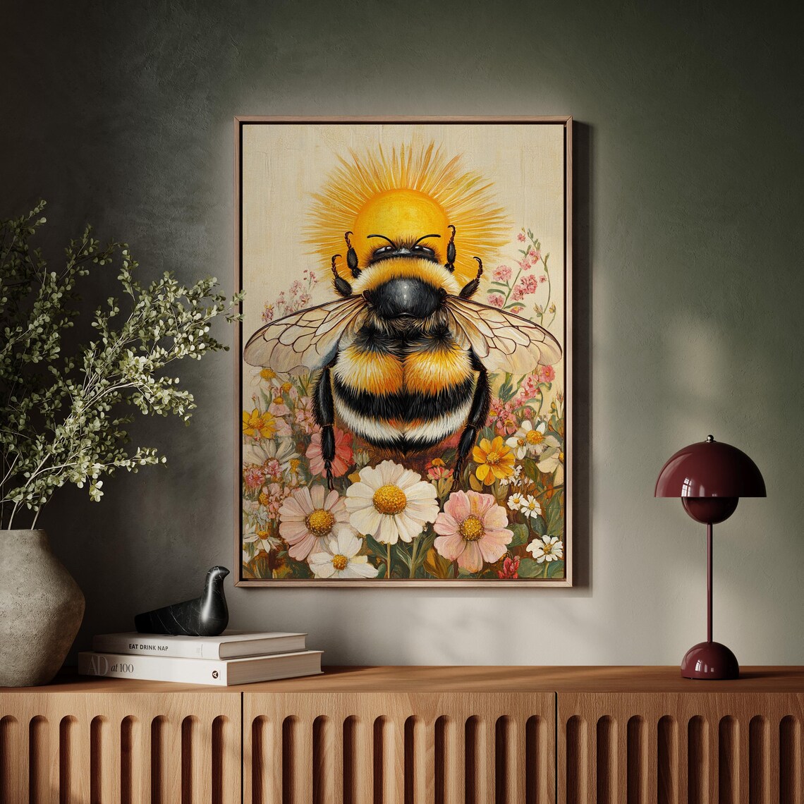 Sunlit Bumblebee With Sunburst Halo Vibrant Wildflower Wall Art - Image 4