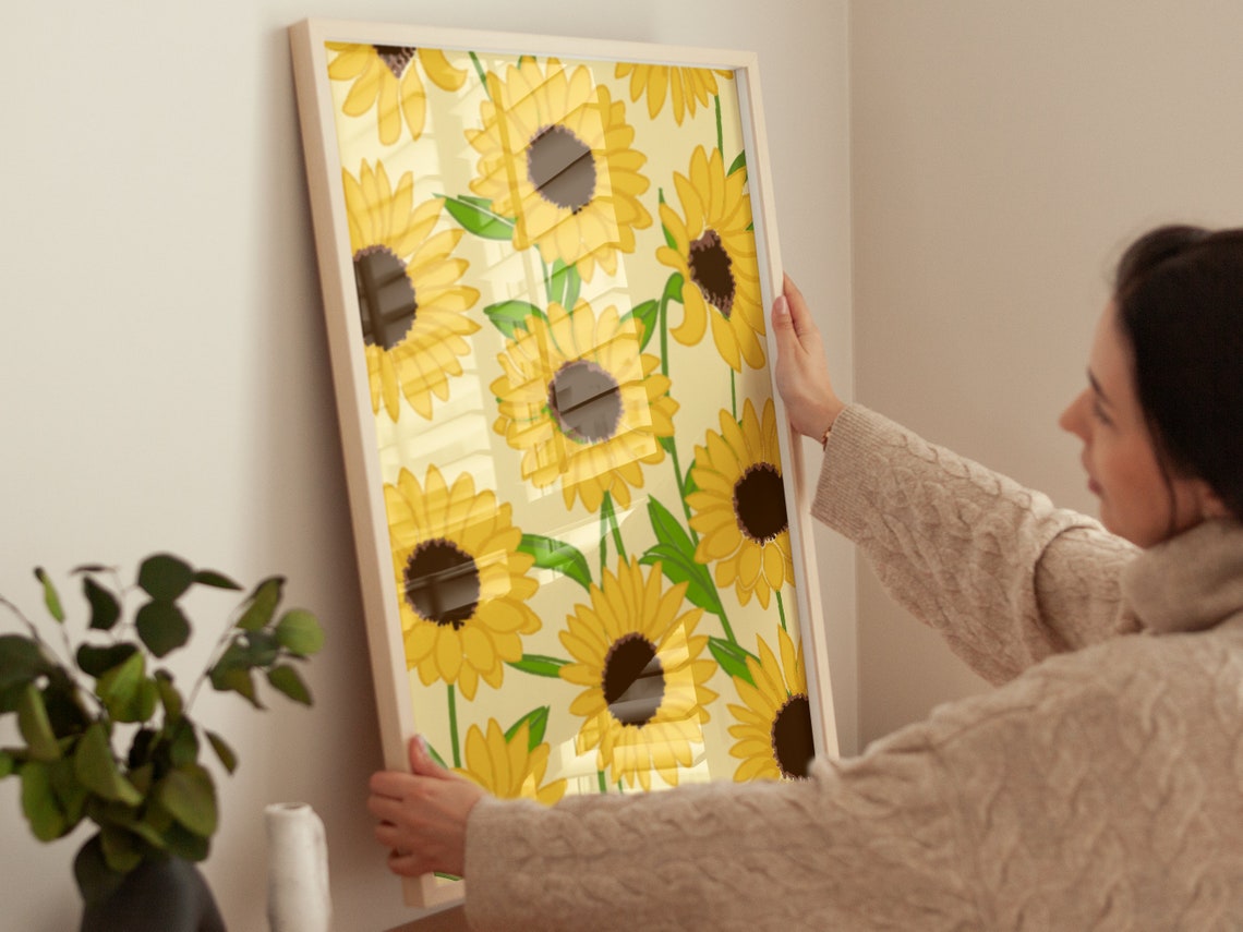 Cheerful Yellow Sunflower Field Pattern Ivory Botanical Poster - Image 4