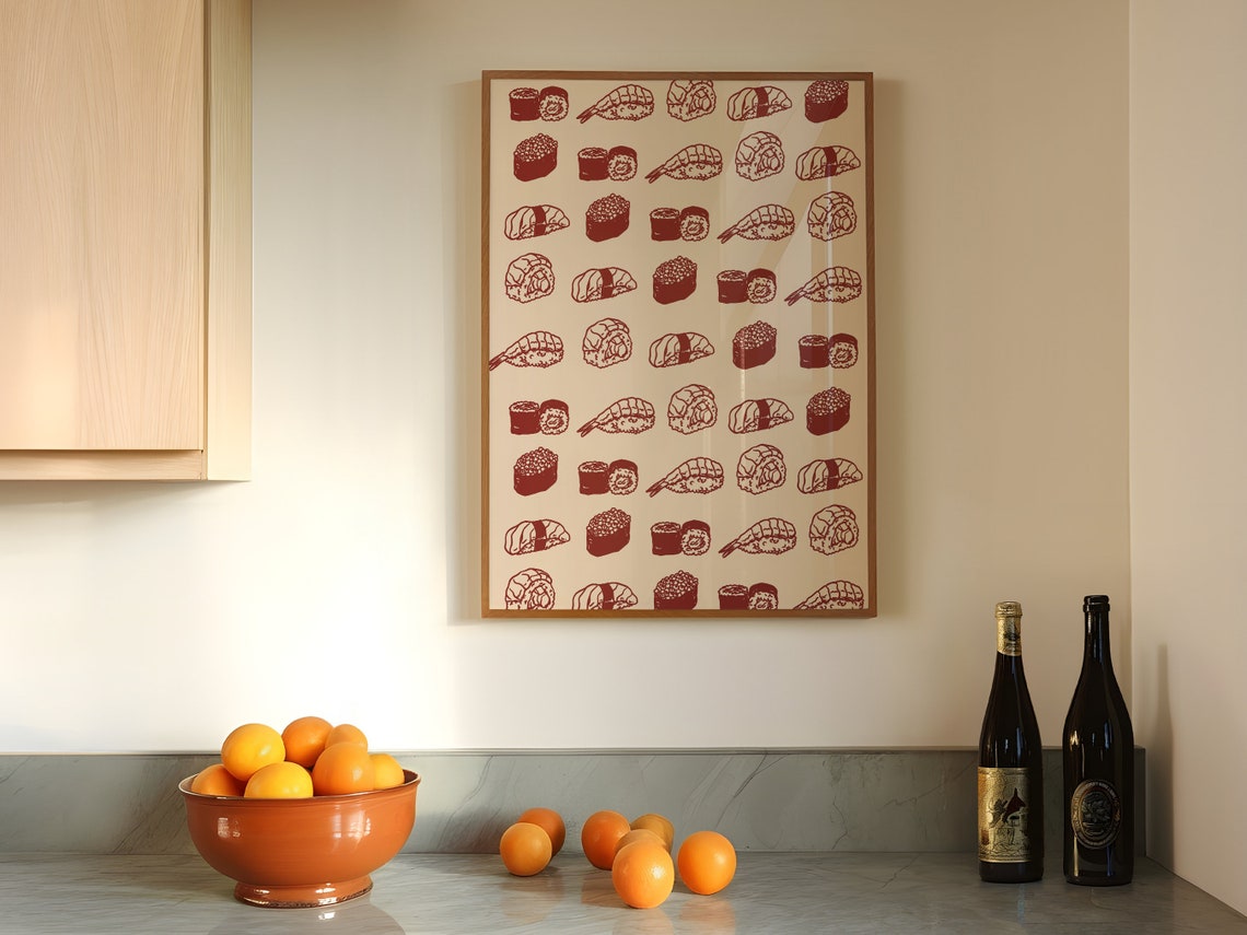 Retro Sushi Pattern Rows Red Cream Japanese Kitchen Wall Print - Image 4