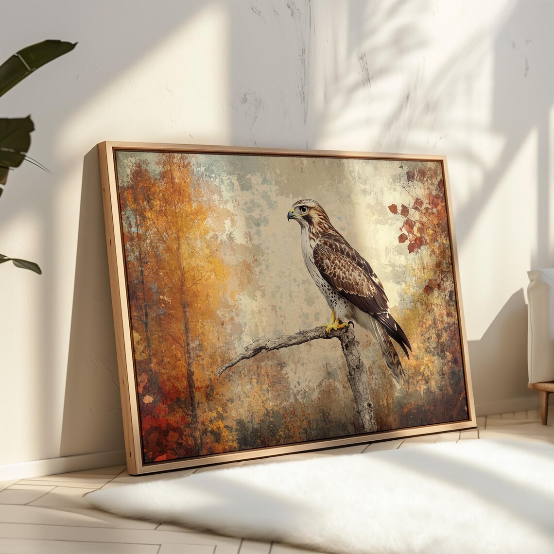 Regal Hawk Perched on Branch, Rustic Autumn Wildlife Art Print