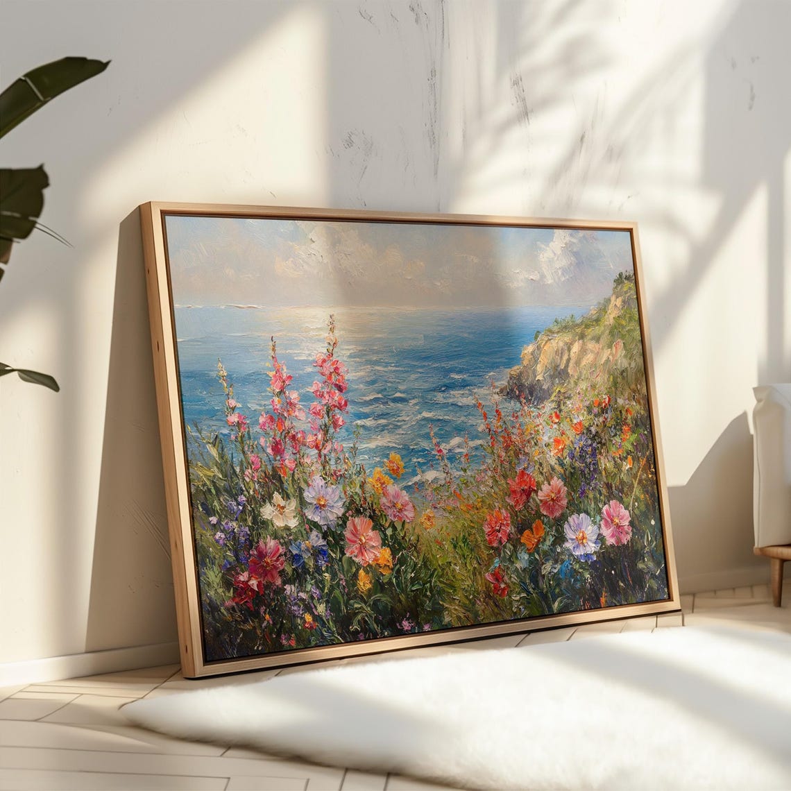 Wildflower Cliff Coastal Ocean View Vibrant Floral Seascape Wall Art
