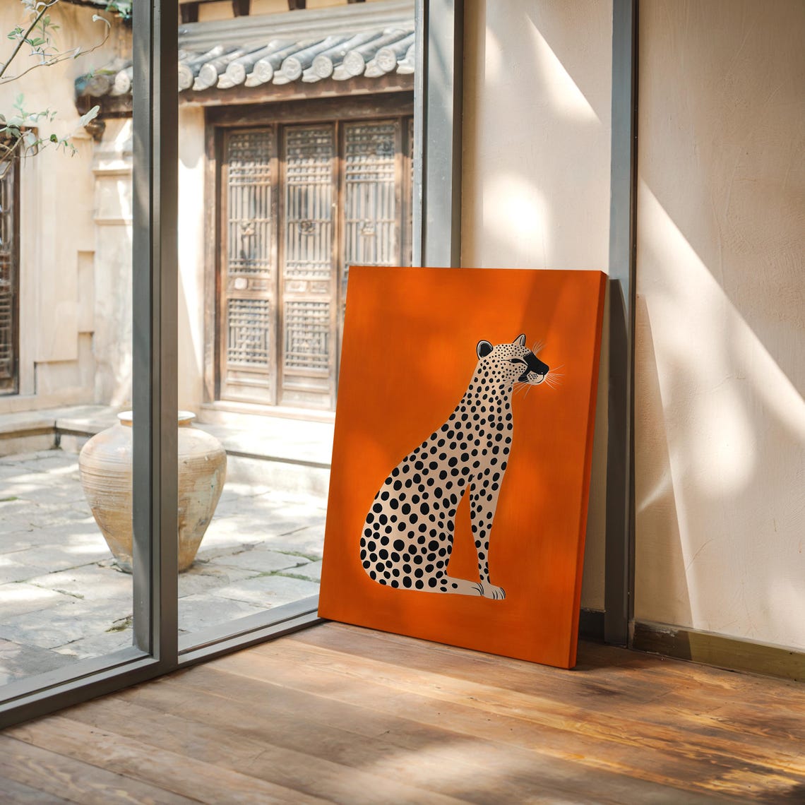 Minimalist Cheetah Art Print On Bold Orange Background Modern Wildlife Wall Art Print - Image 2