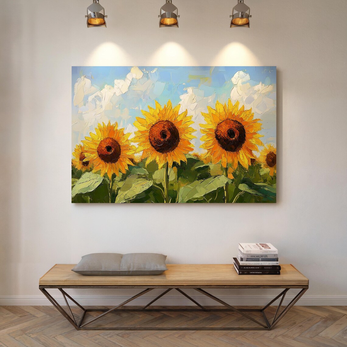 Sunflower Field Under Bright Sky, Oil Painting Style - Image 3