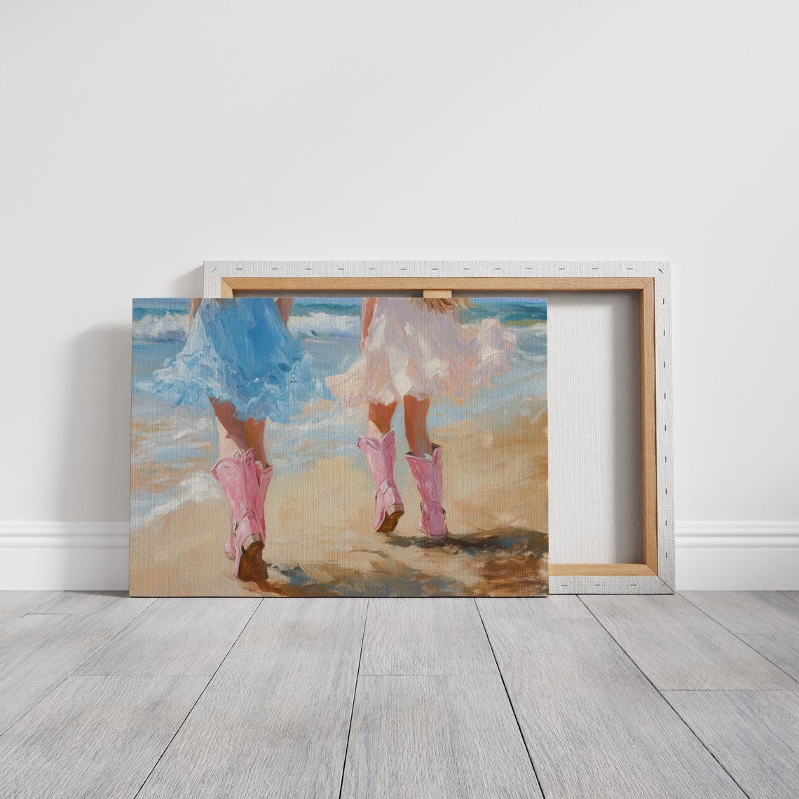 Girls In Pink Cowboy Boots Walking Beach Surf Impressionist Art Poster - Image 5