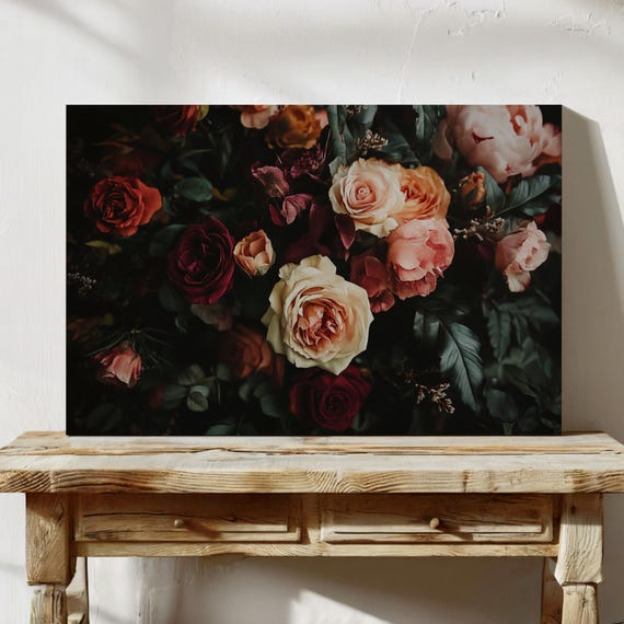 Moody Rose Bouquet Dark Floral Still Life Art Vintage Botanical Print Romantic Baroque Flower Painting Elegant Wall Decor