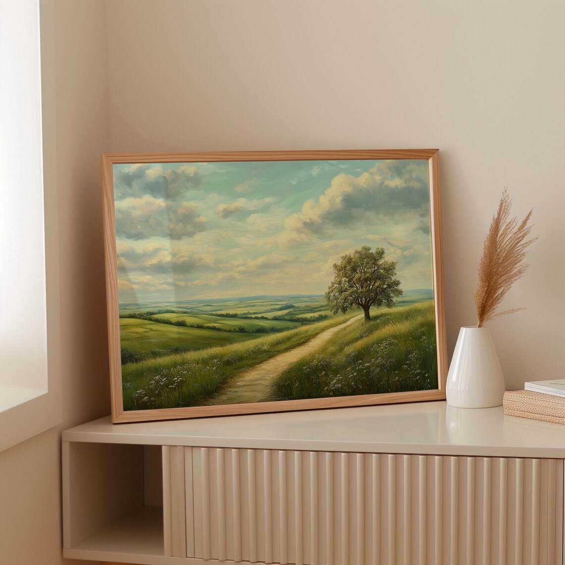 Sunny Countryside Path, Peaceful Tree Landscape Art Print - Image 3