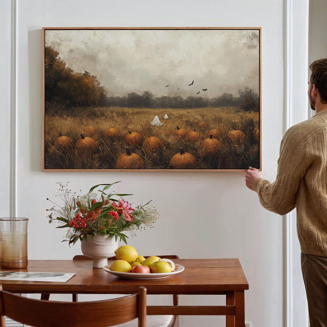 Ghost In Pumpkin Field Misty Autumn Landscape Halloween Wall Art - Image 4
