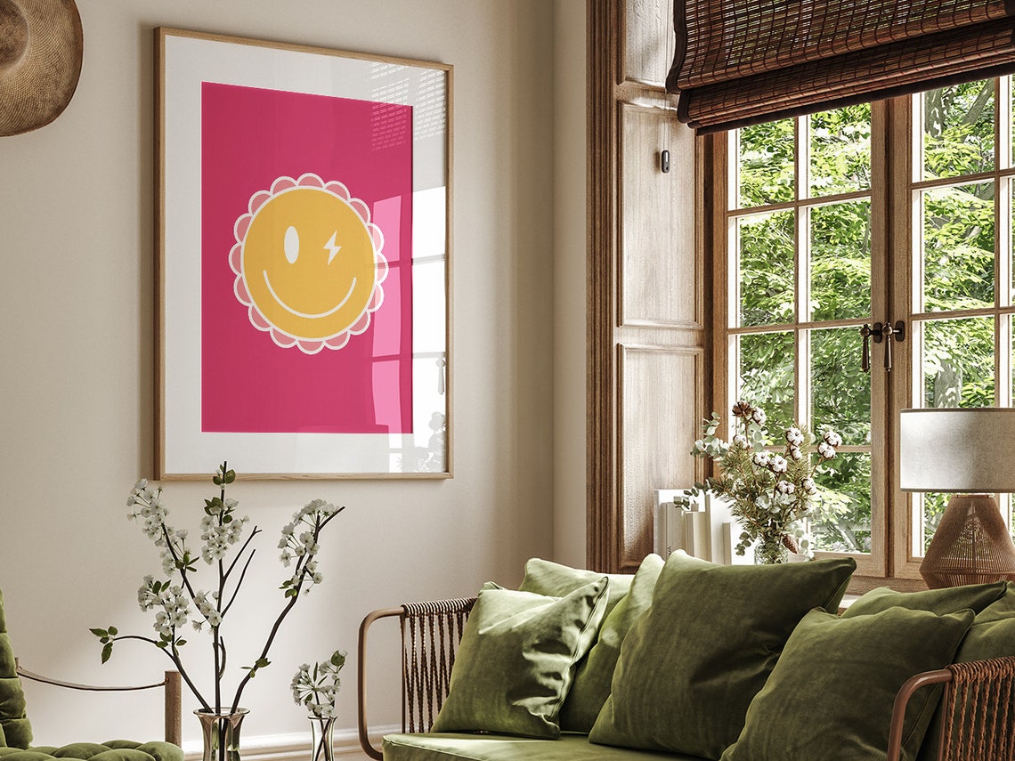 Happy Smiley Face With Lightning Eye Hot Pink Groovy Preppy Poster - Image 4