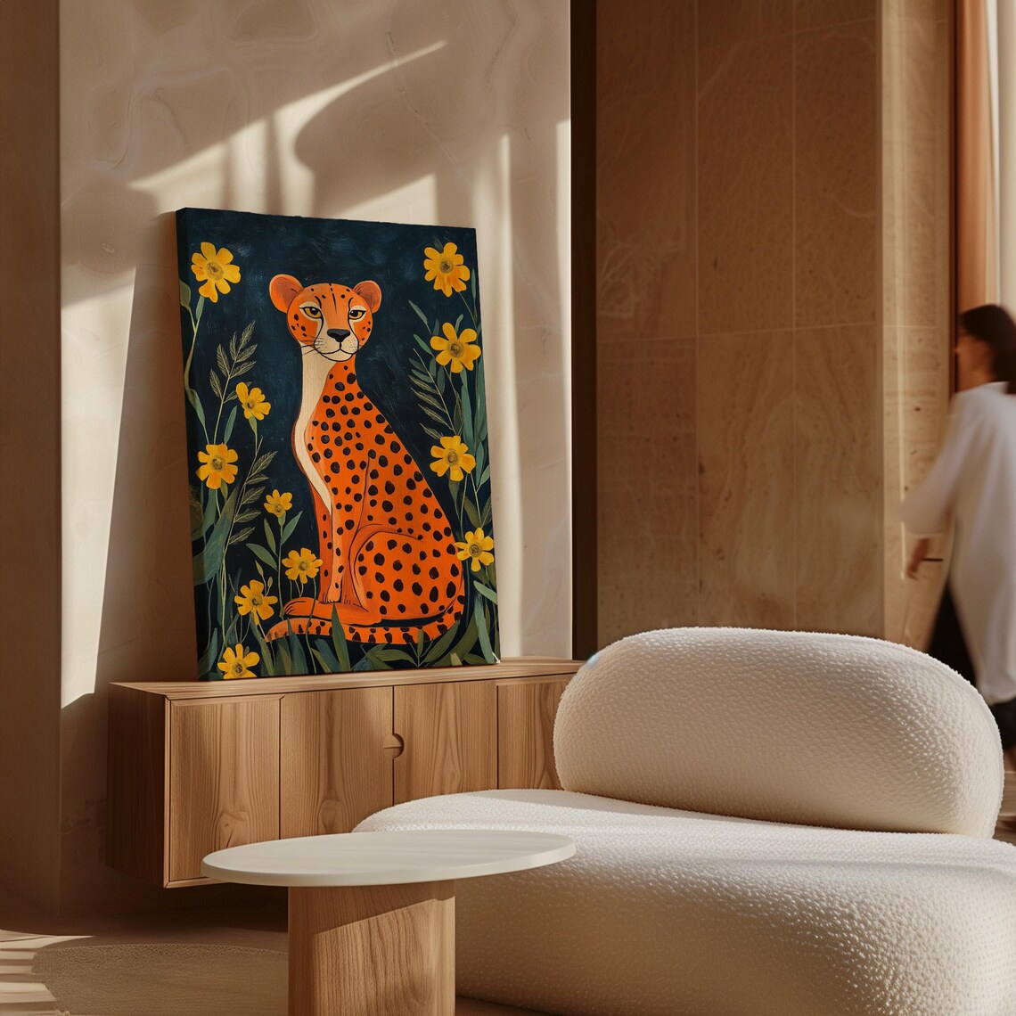 Orange Spotted Cheetah Sitting Among Yellow Flowers Night Garden Poster - Image 5