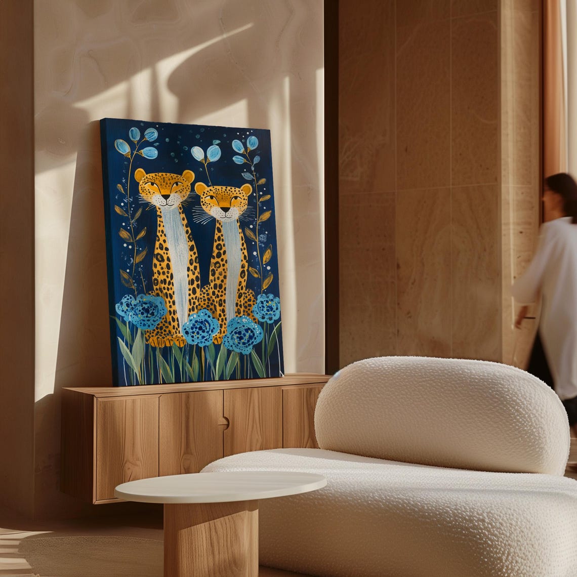 Cheerful Cheetah Pair Among Blue Flowers On Deep Navy Whimsical Poster - Image 5