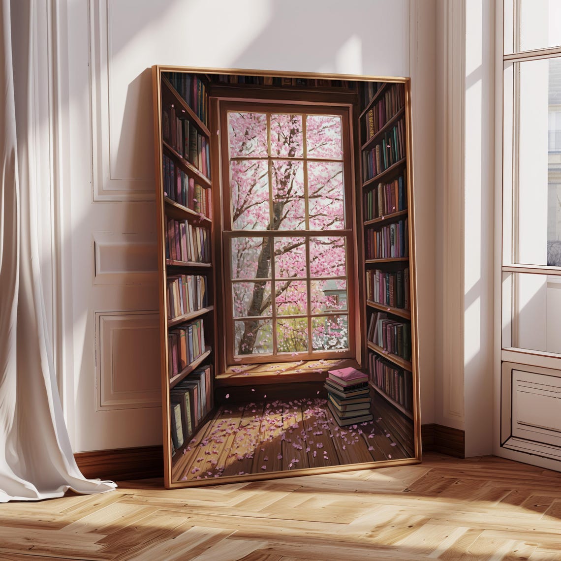 Cherry Blossom Library Art Print Spring Window Scene With Books Peaceful Reading Nook Wall Decor For Book Lovers