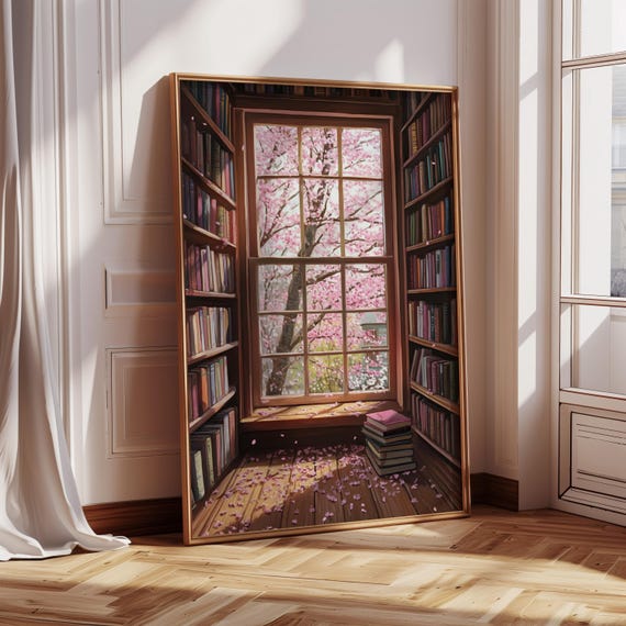 Cherry Blossom Library Art Print Spring Window Scene With Books Peaceful Reading Nook Wall Decor For Book Lovers