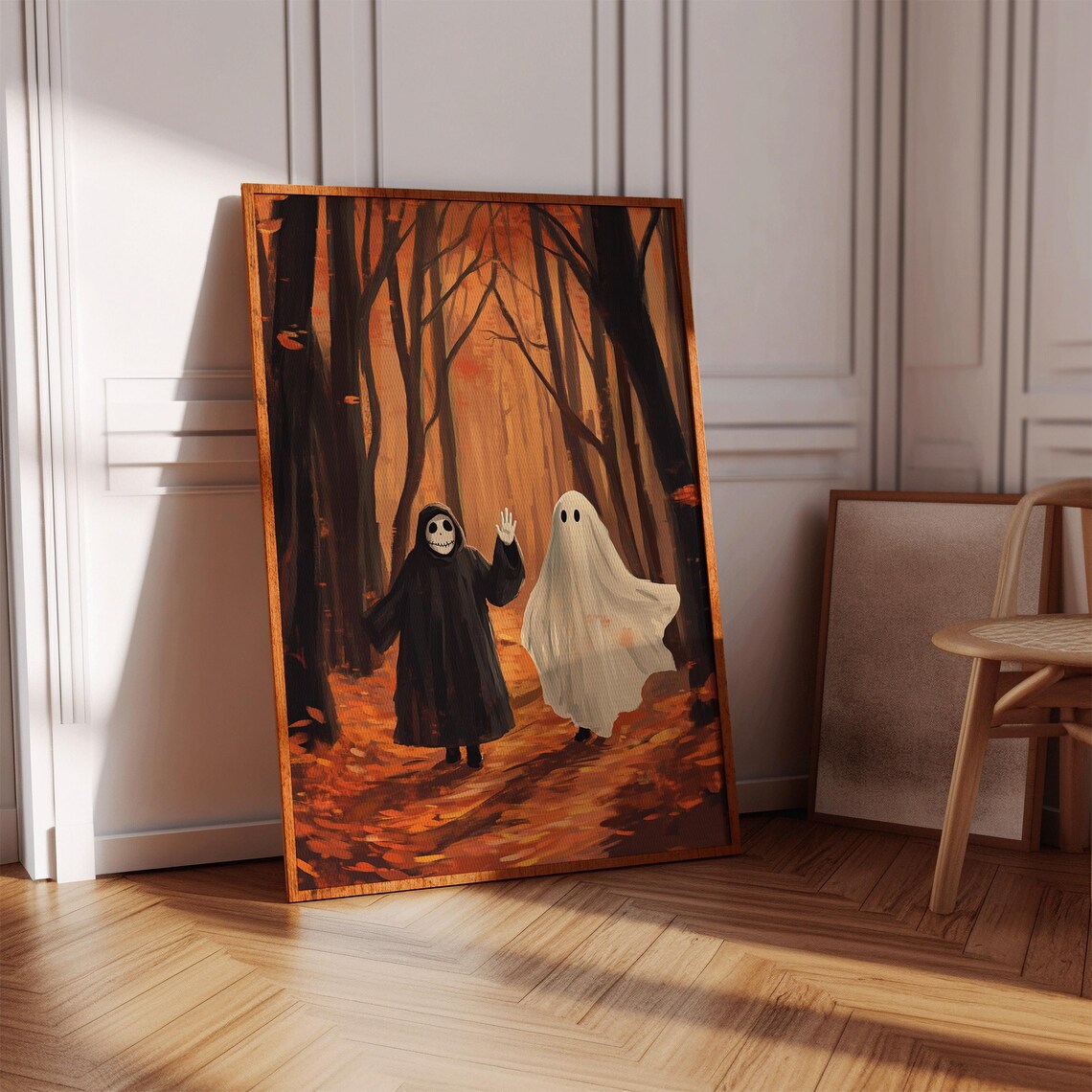 Ghost And Skeleton Friends Strolling In Fiery Autumn Forest Poster - Image 4