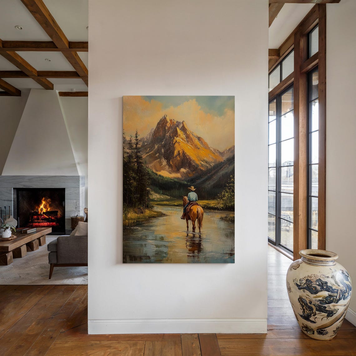 Cowboy Crossing River Western Landscape Painting Rustic Mountain Scene Horseback Riding Art Print For Ranch Decor - Image 5