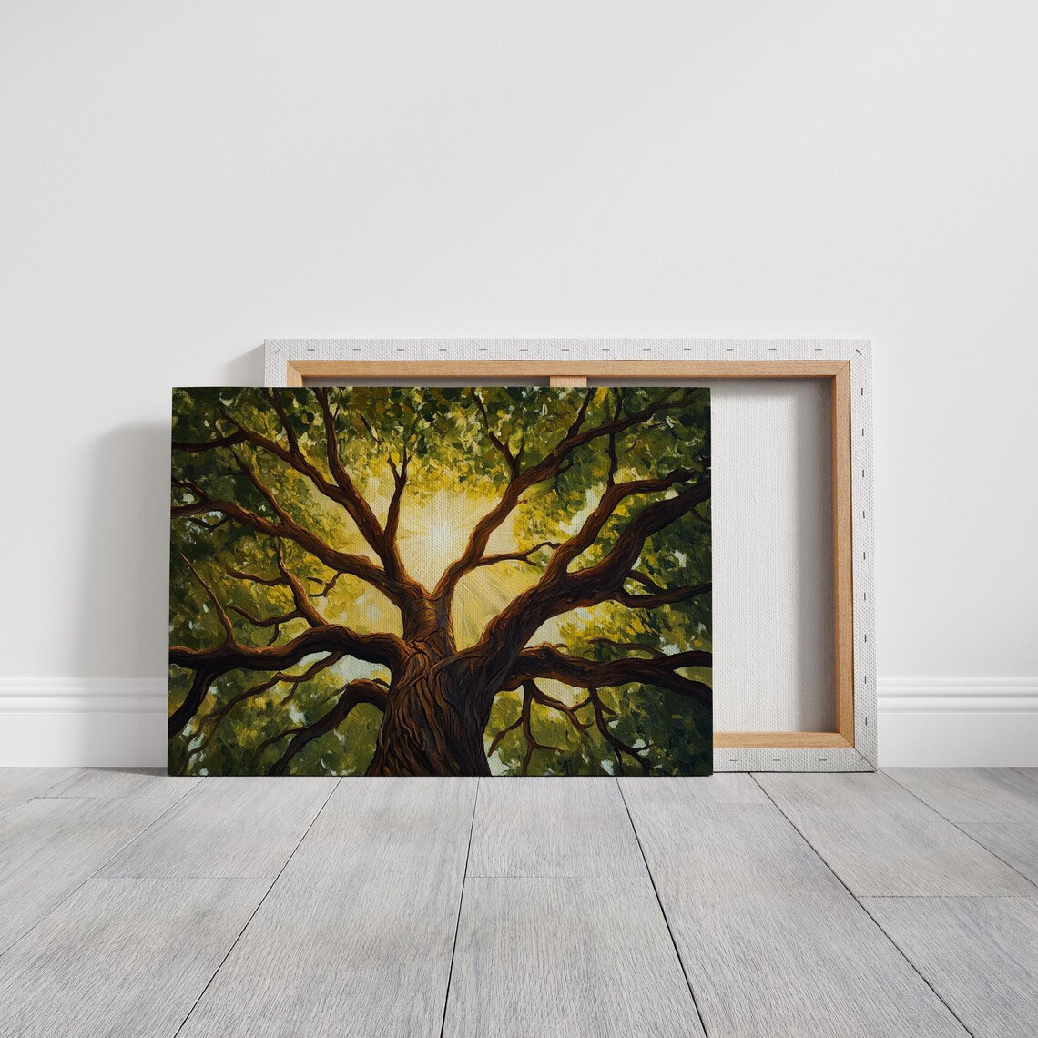 Majestic Tree With Sunlight Glow Nature Wall Art Forest Canopy Print Tree Of Life Painting Tranquil Greenery Sunlit Branches - Image 2