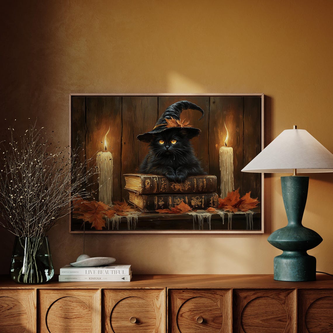 Black Cat Witch Hat Spellbook Candles Dark Wood Gothic Halloween Art - Image 4