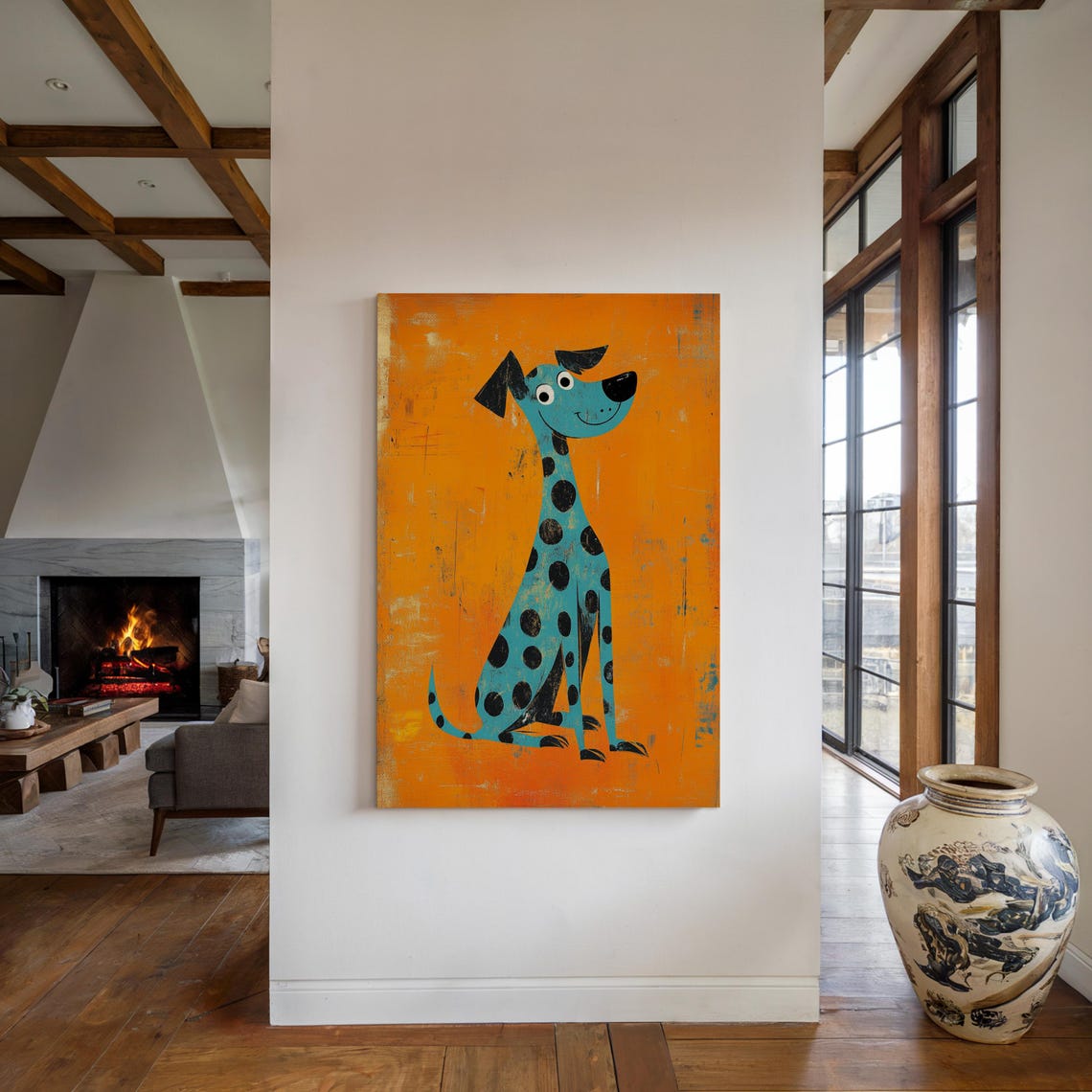 Blue Spotted Cartoon Dog Orange Background Whimsical Pet Art Poster - Image 2