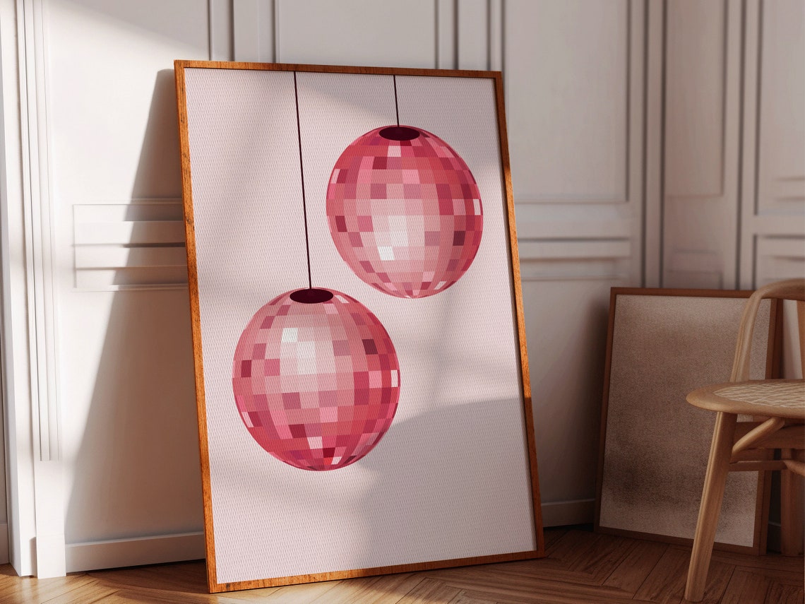 Twin Pink Disco Balls Hanging Minimal Blush Party Wall Poster - Image 2