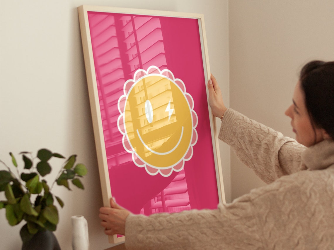 Happy Smiley Face With Lightning Eye Hot Pink Groovy Preppy Poster