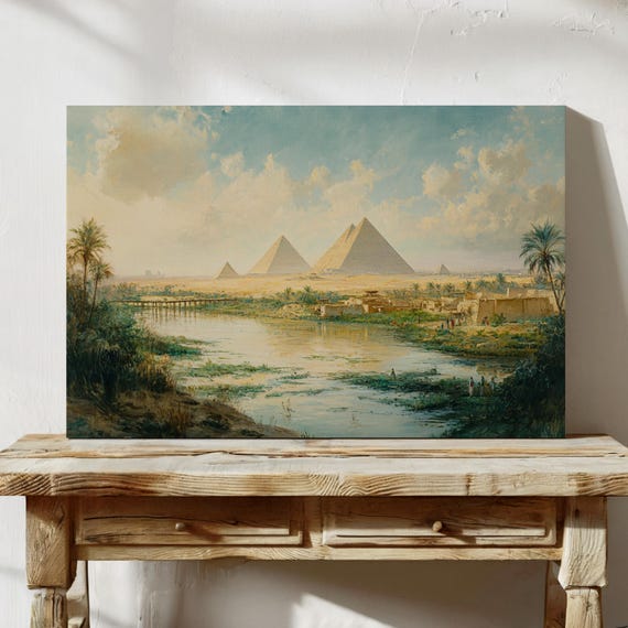 Pyramids Of Egypt Landscape Art Print Nile River View With Ancient Monuments Historical Desert Scene For Travel Or Vintage Decor