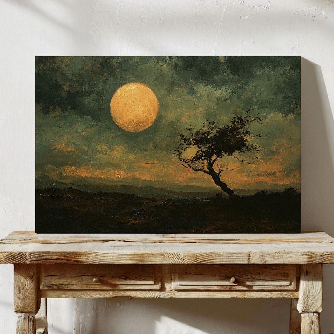 Twilight Moon Over Windswept Tree, Moody Landscape - Image 4