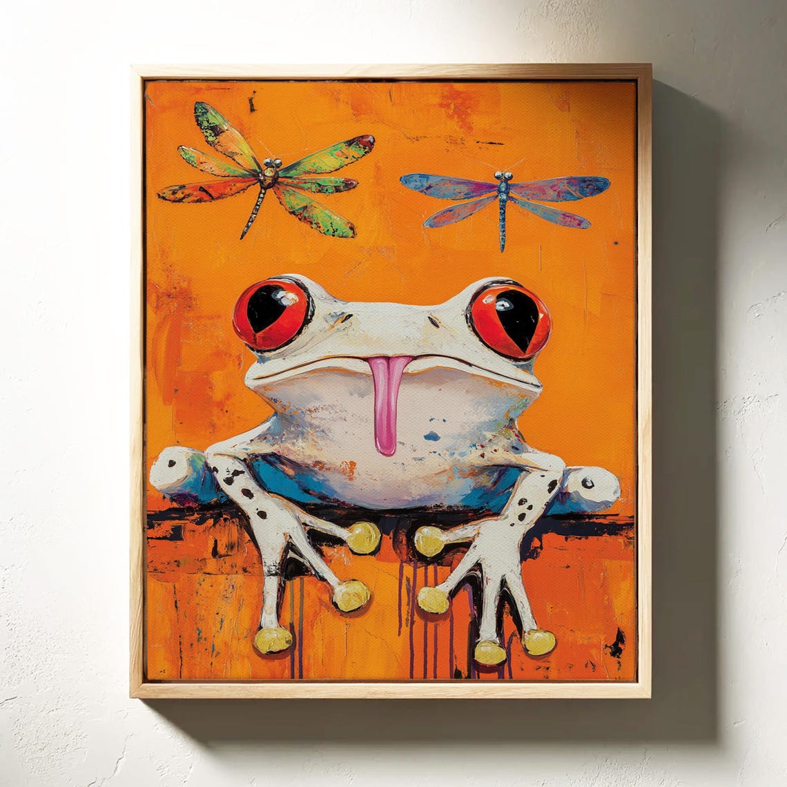 Colorful Tree Frog Dragonflies Pop Art Orange Background Whimsy Poster - Image 2