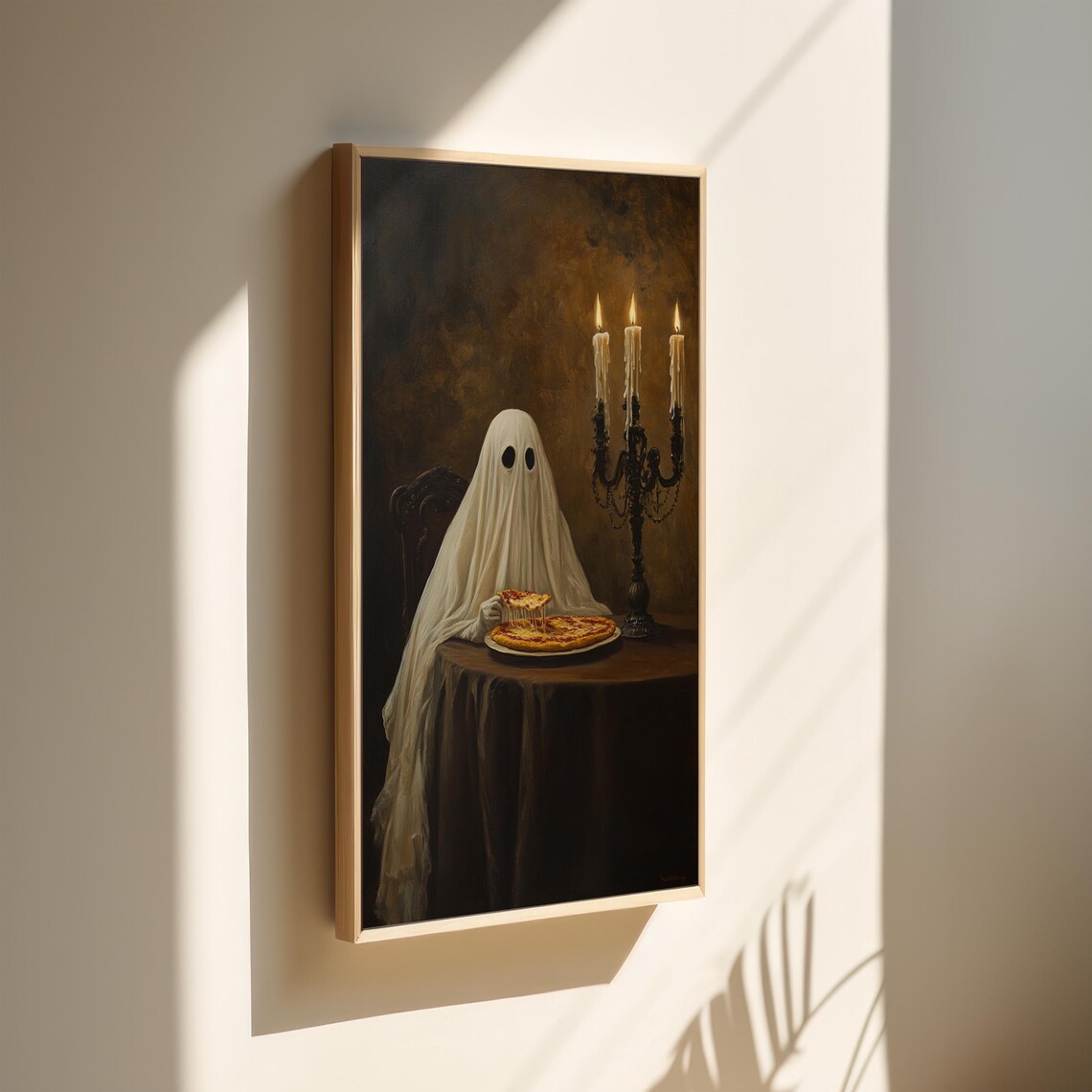 Ghost Enjoying Pizza Slice Candlelit Halloween Gothic Spooky Art Poster - Image 3