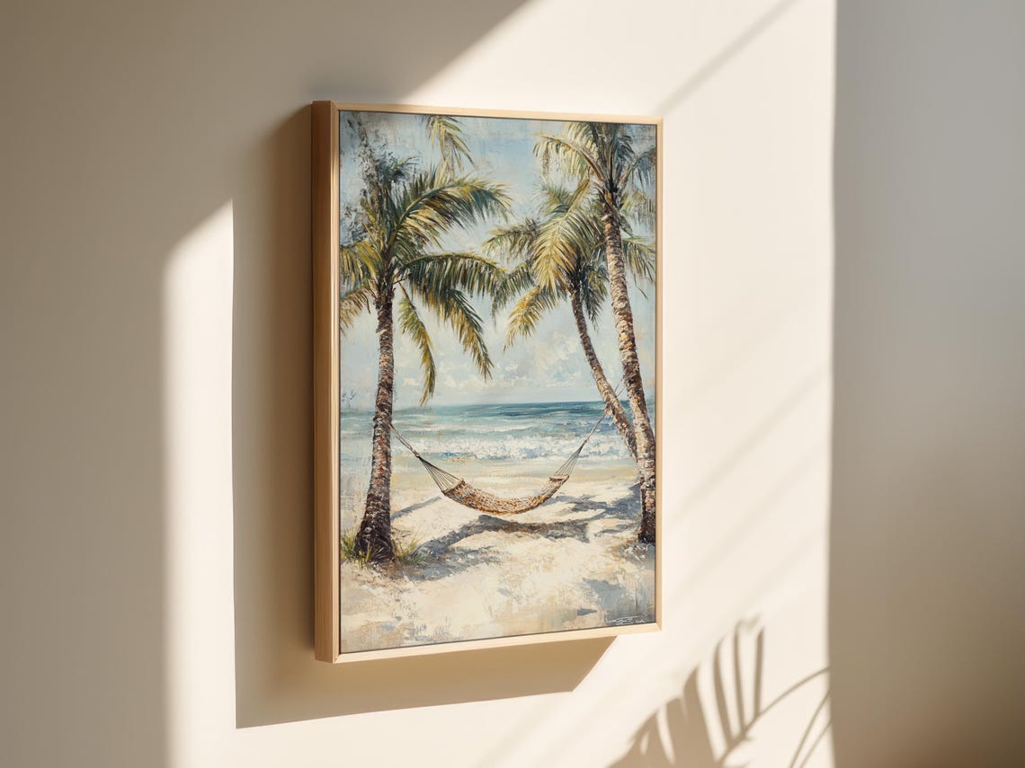 Tropical Beach Hammock Between Palm Trees Ocean View Art Poster