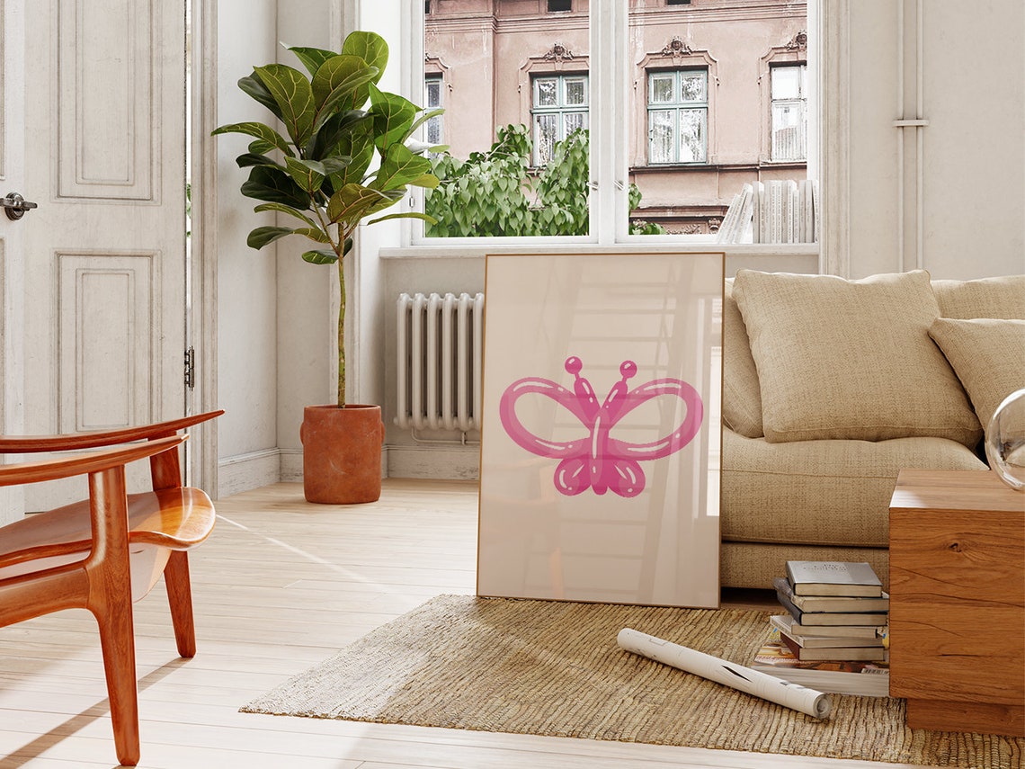 Pink Balloon Animal Butterfly Minimalist Boho Style Modern Wall Art - Image 2