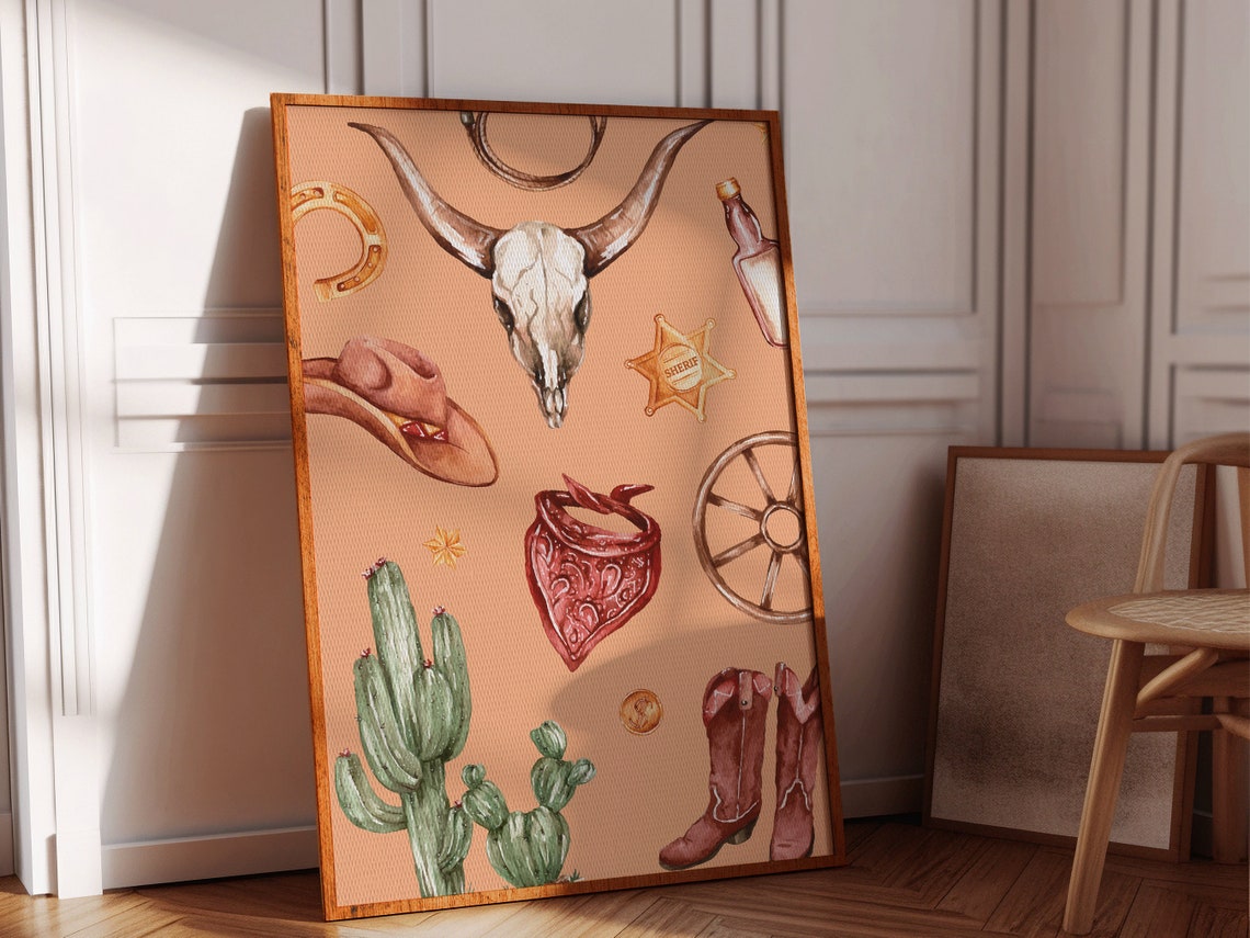Western Watercolor Collage Longhorn Skull Boots Cactus Tan Poster