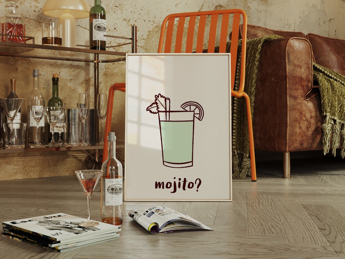 Mojito Mint Lime Tall Glass Line Art Minimalist Cocktail Poster - Image 2