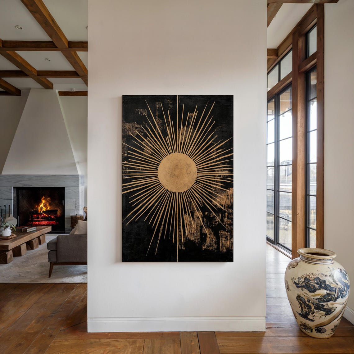 Gold Sunburst Ray Art On Black Vintage Modern Statement Wall Poster - Image 3