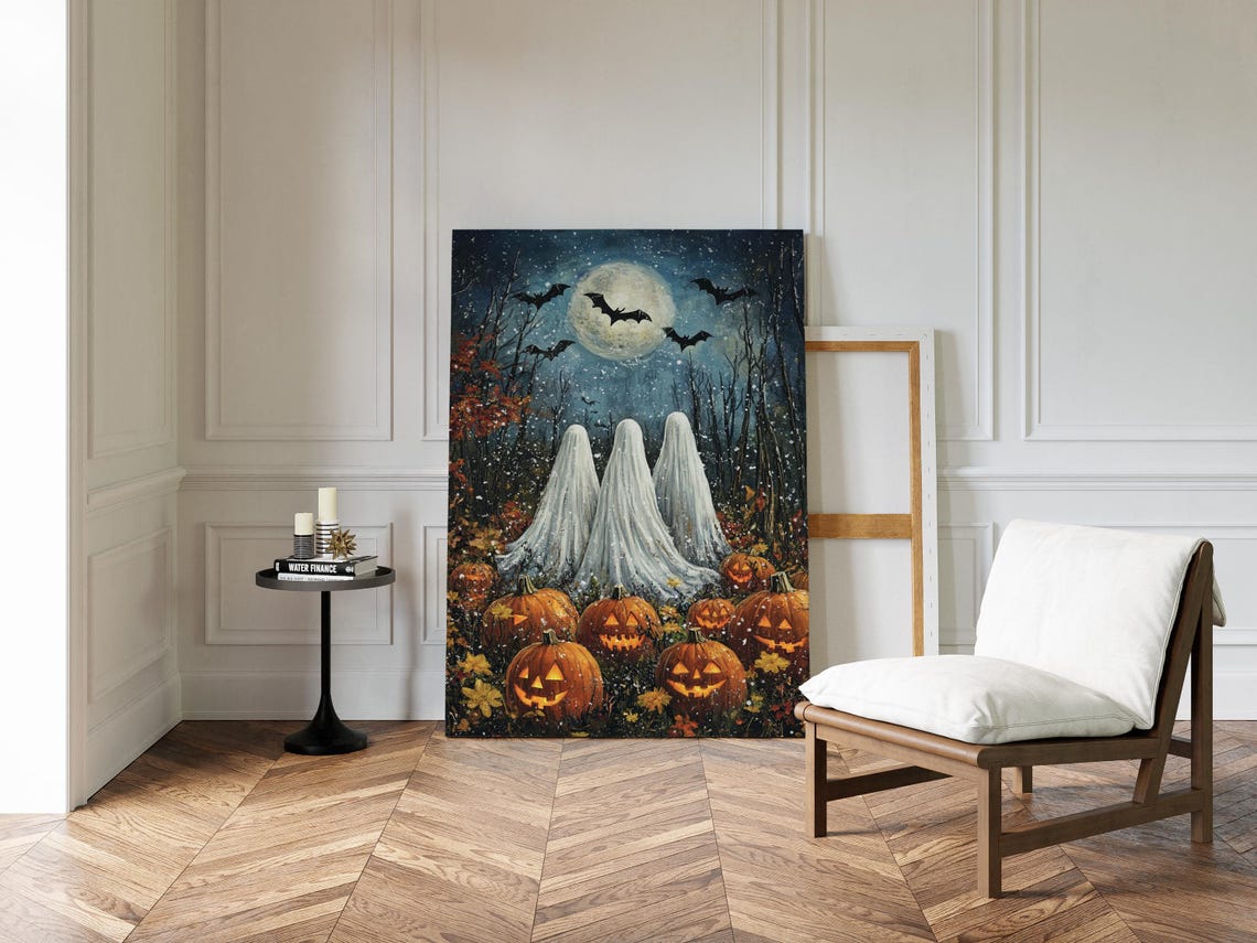 Ghost Trio Under Full Moon Pumpkin Patch Halloween Art Poster - Image 2