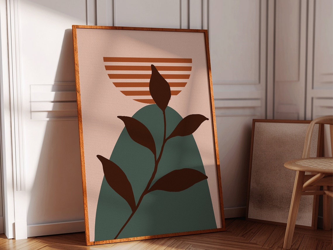 Cream Teal Arch Botanical Leaf Abstract Earth Tone Wall Poster