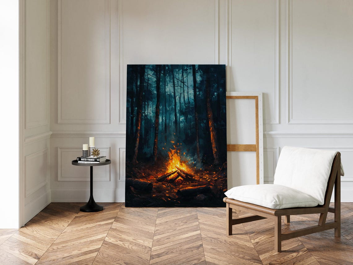 Cozy Campfire Forest Print Moody Night Wilderness Art Rustic Adventure Scene Warm Firelight Glow Outdoor Nature Wall Decor - Image 4