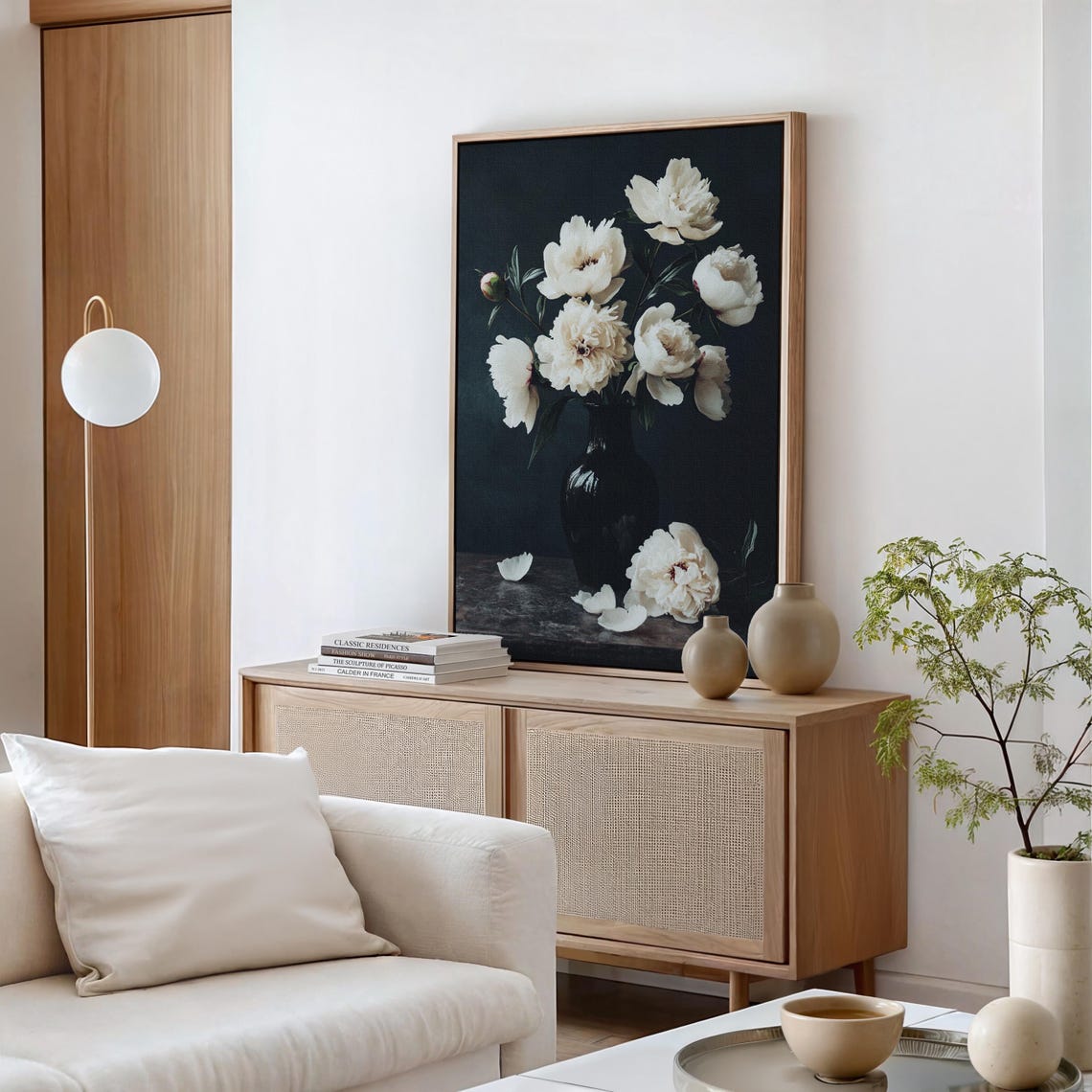 White Peonies In Black Vase Dark Moody Floral Still Life Wall Art - Image 3