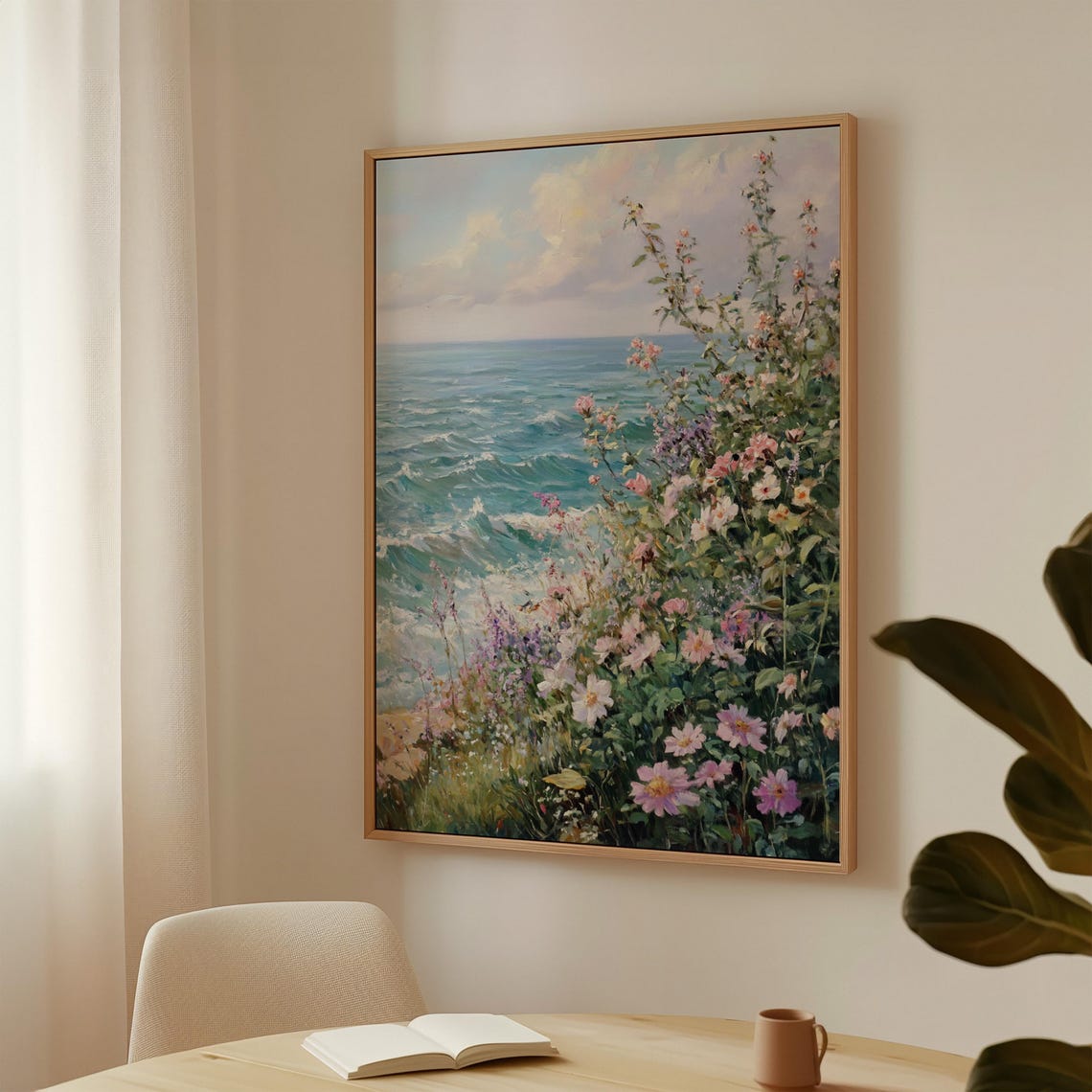 Ocean Waves And Wildflowers Coastal Cliff Seaside Meadow Scene Poster