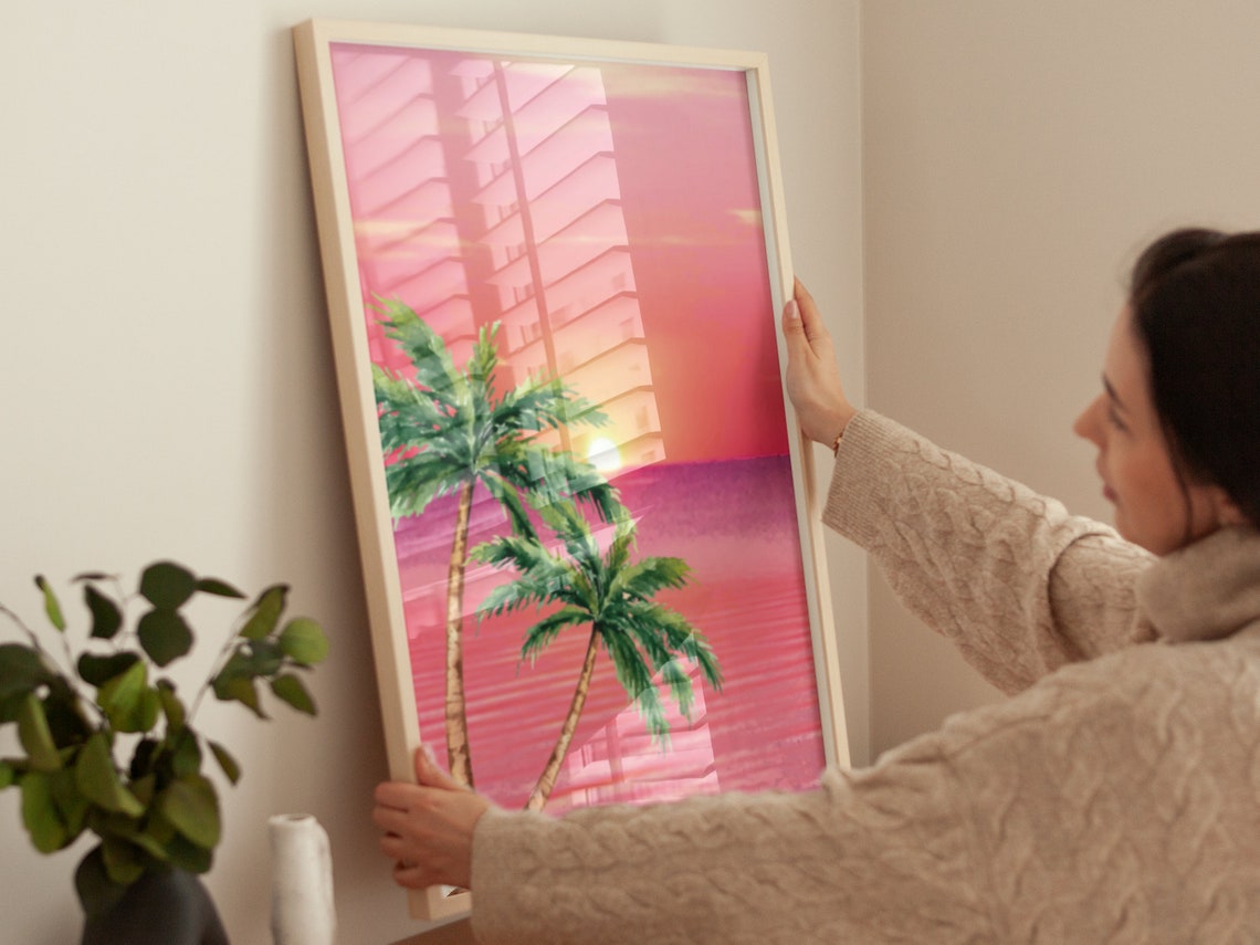Retro 80s Pink Sunset Palm Trees Tropical Beach Ocean Neon Poster - Image 4