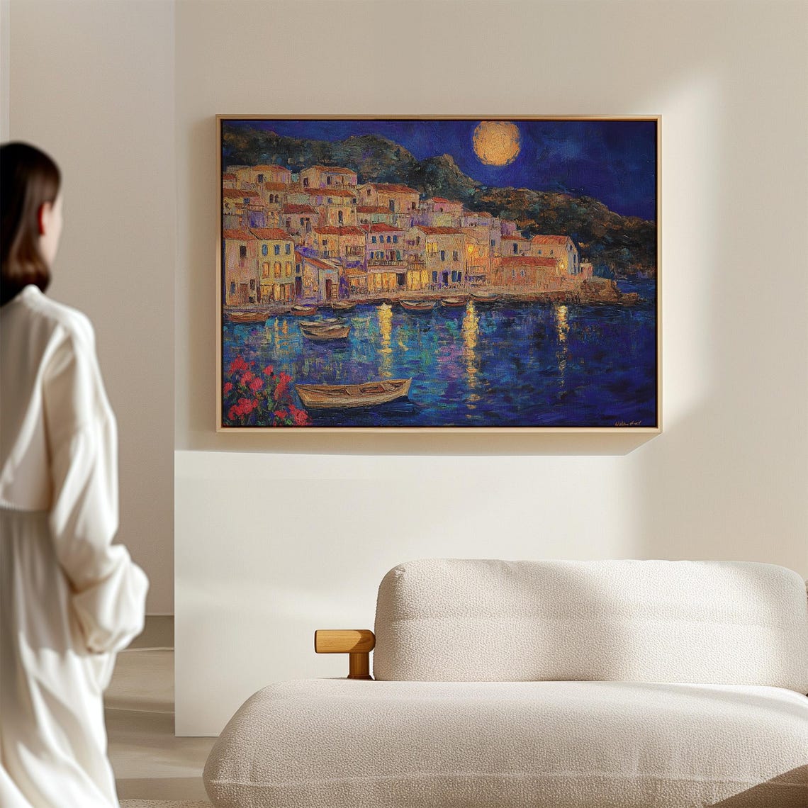Mediterranean Harbor Night Moonlit Village Boats Reflections Art - Image 2